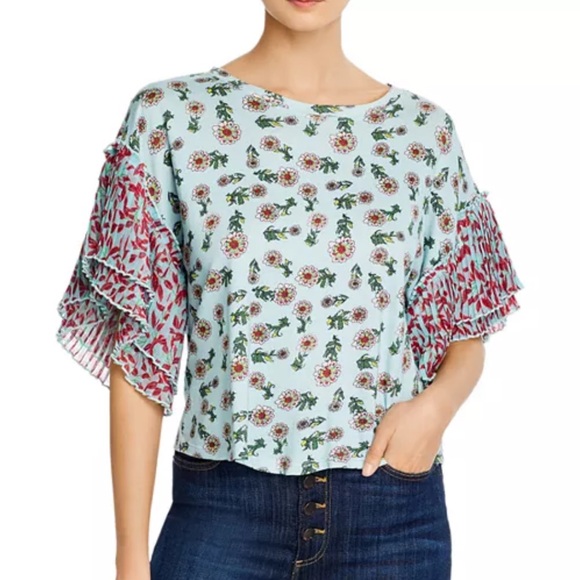 Alice + Olivia Nanci Floral-Print Pleated-Sleeve Top - Picture 1 of 5